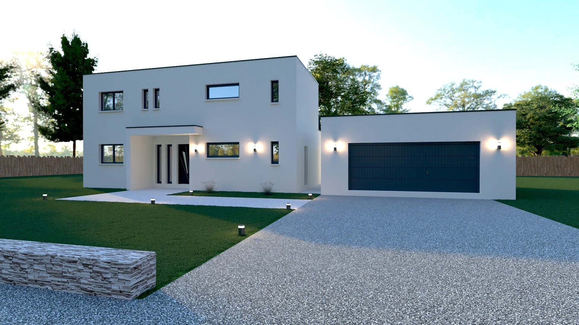 Maison X LSF 013, vue façade avant avec volume étage et grand garage attenant, style contemporain.
