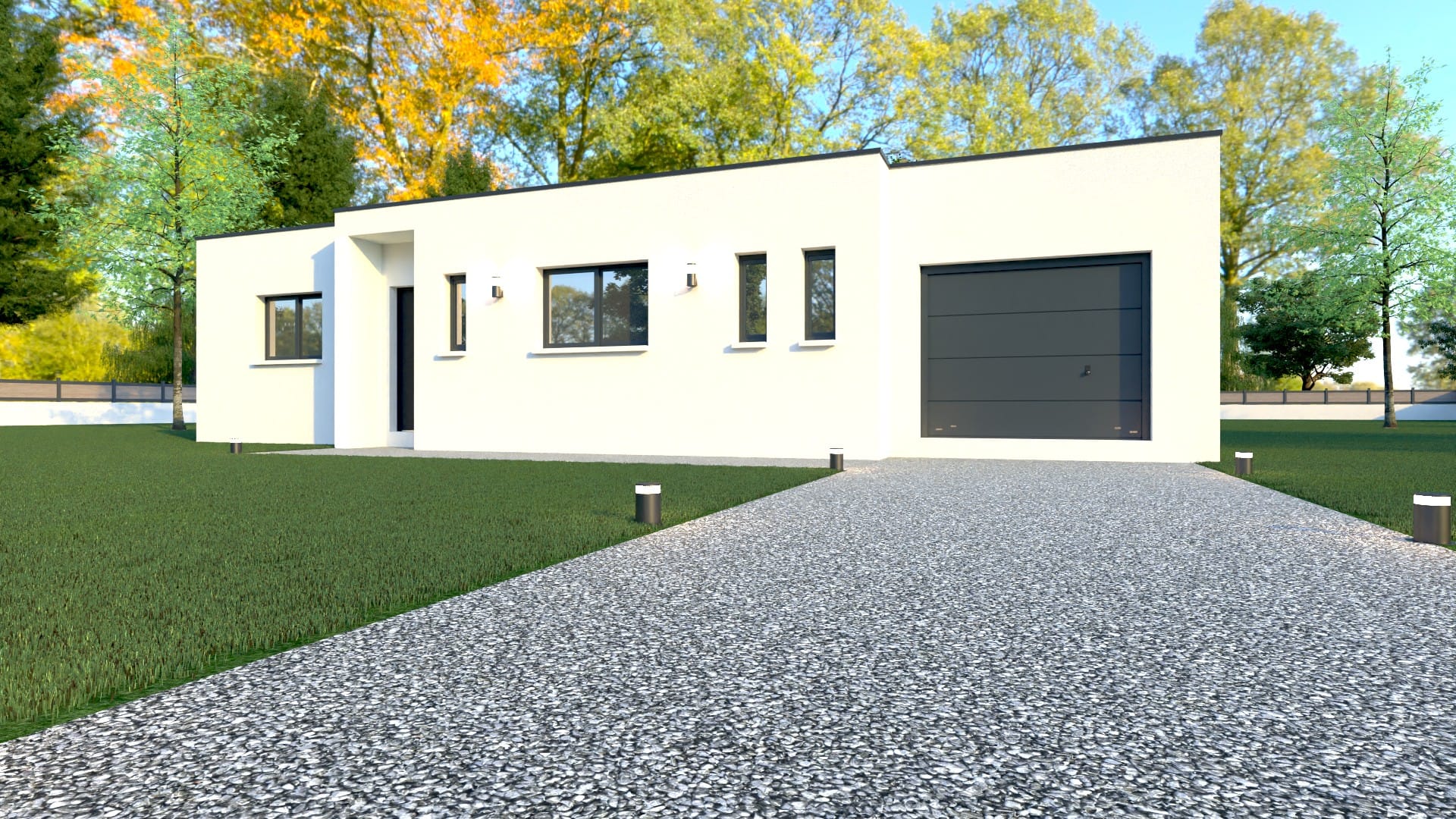 Maison X LSF 013, vue façade avant avec entrée en retrait, lignes modernes et garage intégré.