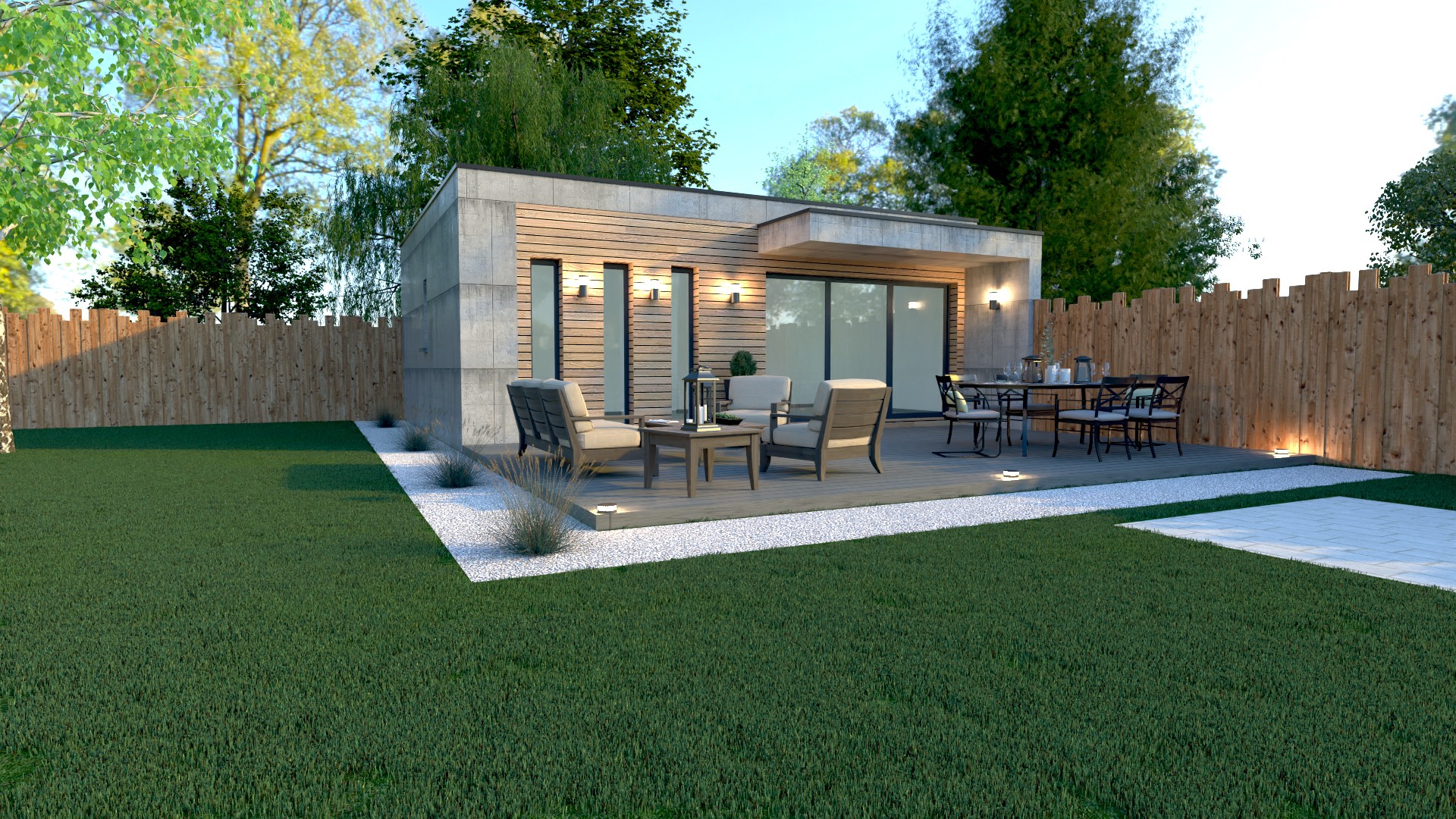 Studio de jardin X MOD 001, effet béton et bardage bois, baie vitrée, terrasse, ossature métallique légère