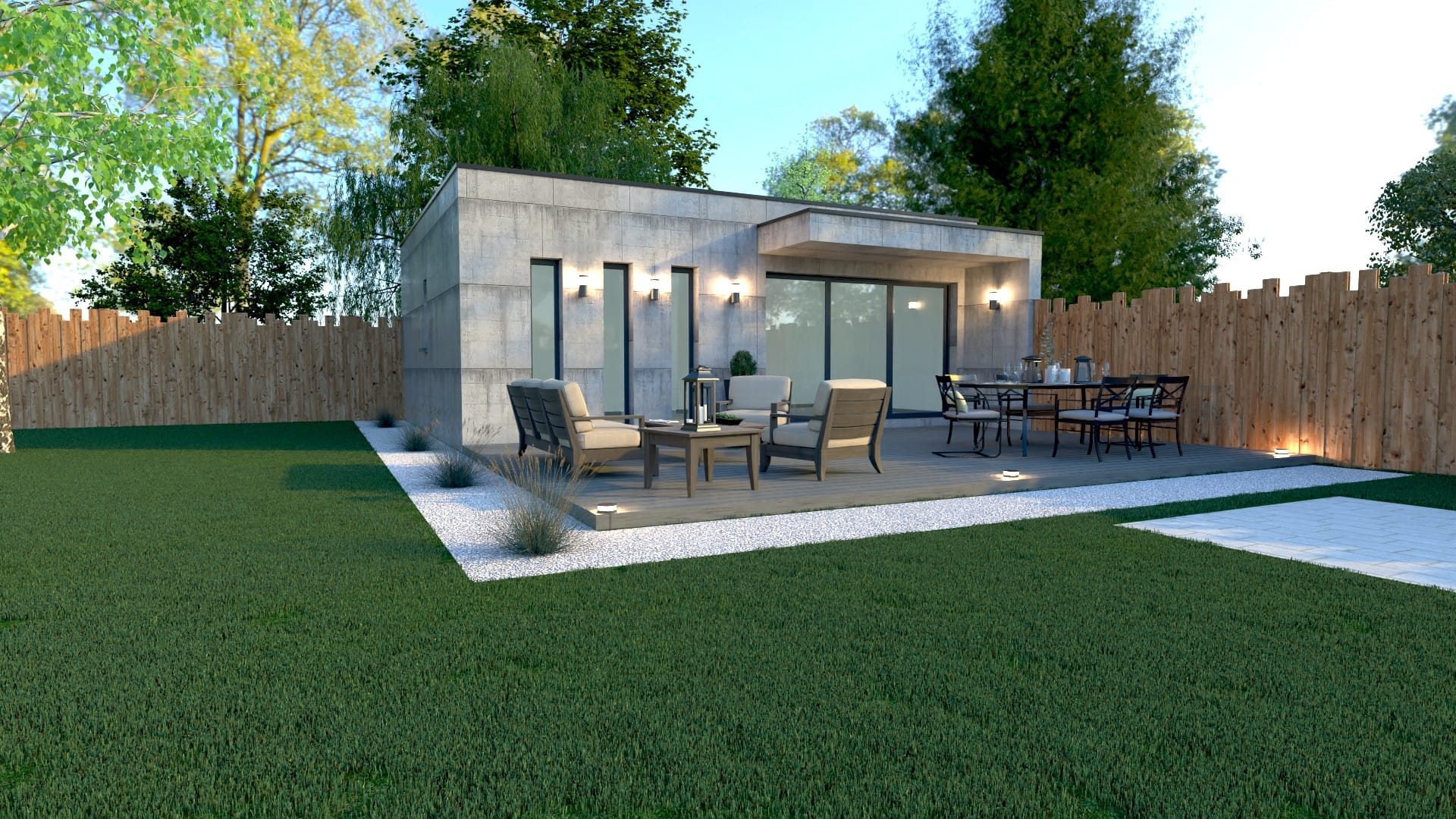 Studio de jardin X MOD 001, finition effet béton, baie vitrée, terrasse bois, ossature métallique légère