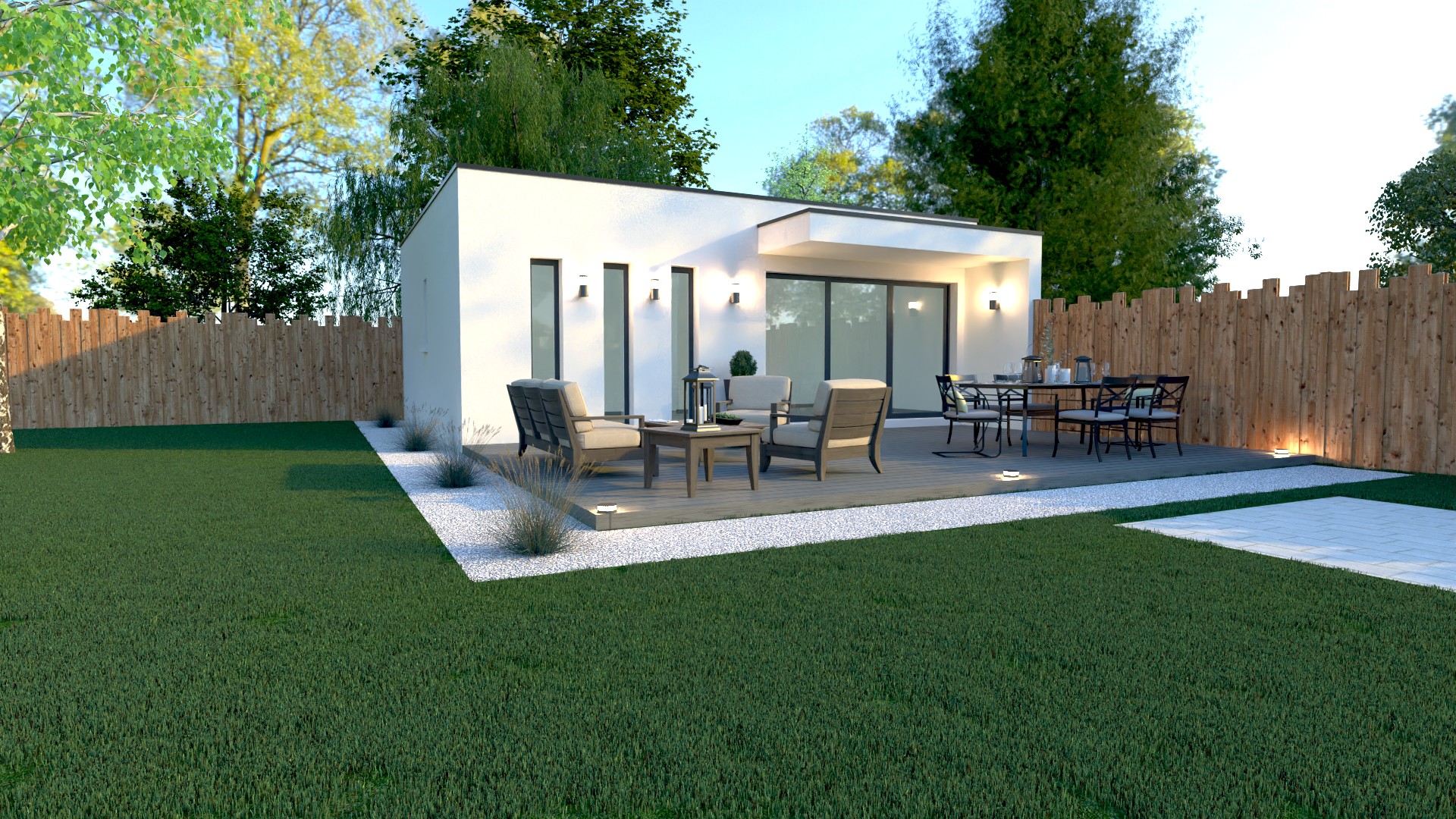 Studio de jardin X MOD 001, enduit blanc, grande baie vitrée, terrasse bois, ossature métallique légère