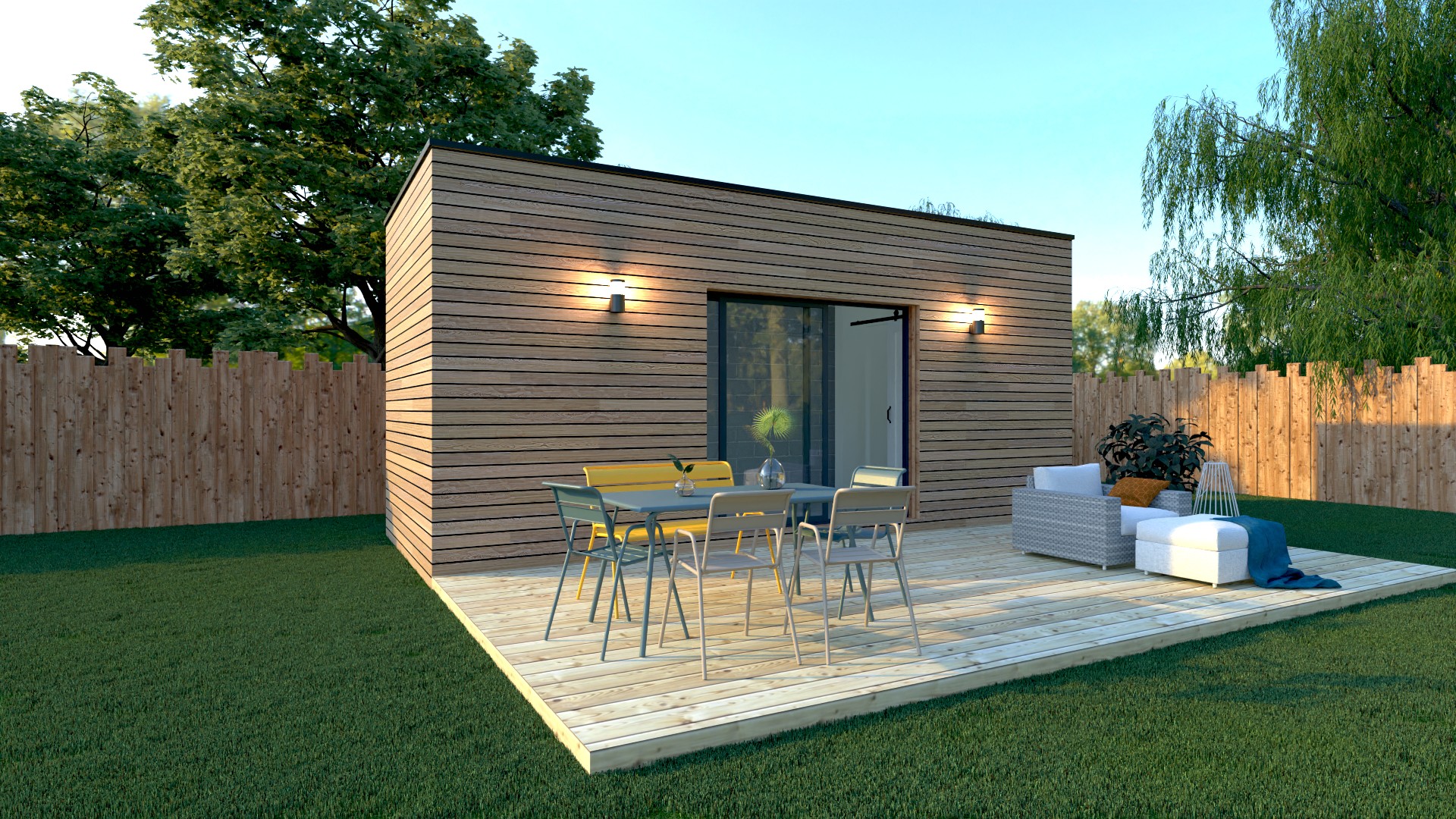 Studio de jardin X MOD 011, bardage bois, toit monopente, grande baie vitrée, terrasse, ossature métallique légère