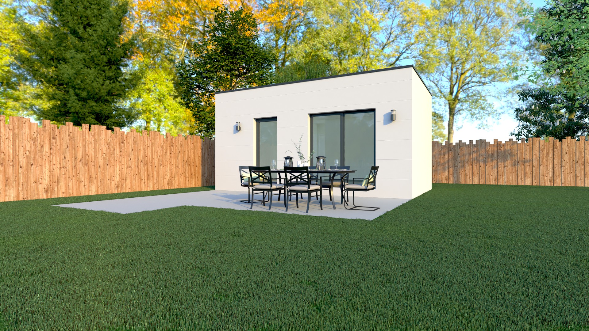 Studio de jardin professionnel blanc toit plat grande baie vitrée terrasse — bureau 4 saisons isolation RE2020 par Création Bâtiment