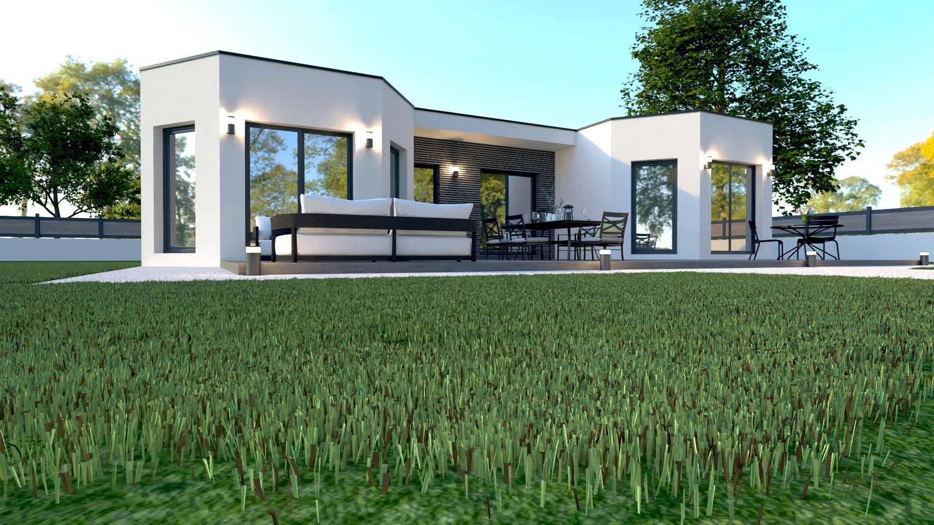 Studio de jardin X MOD 013 design, volumes en U, toit plat, grandes baies vitrées, terrasse, ossature métallique légère