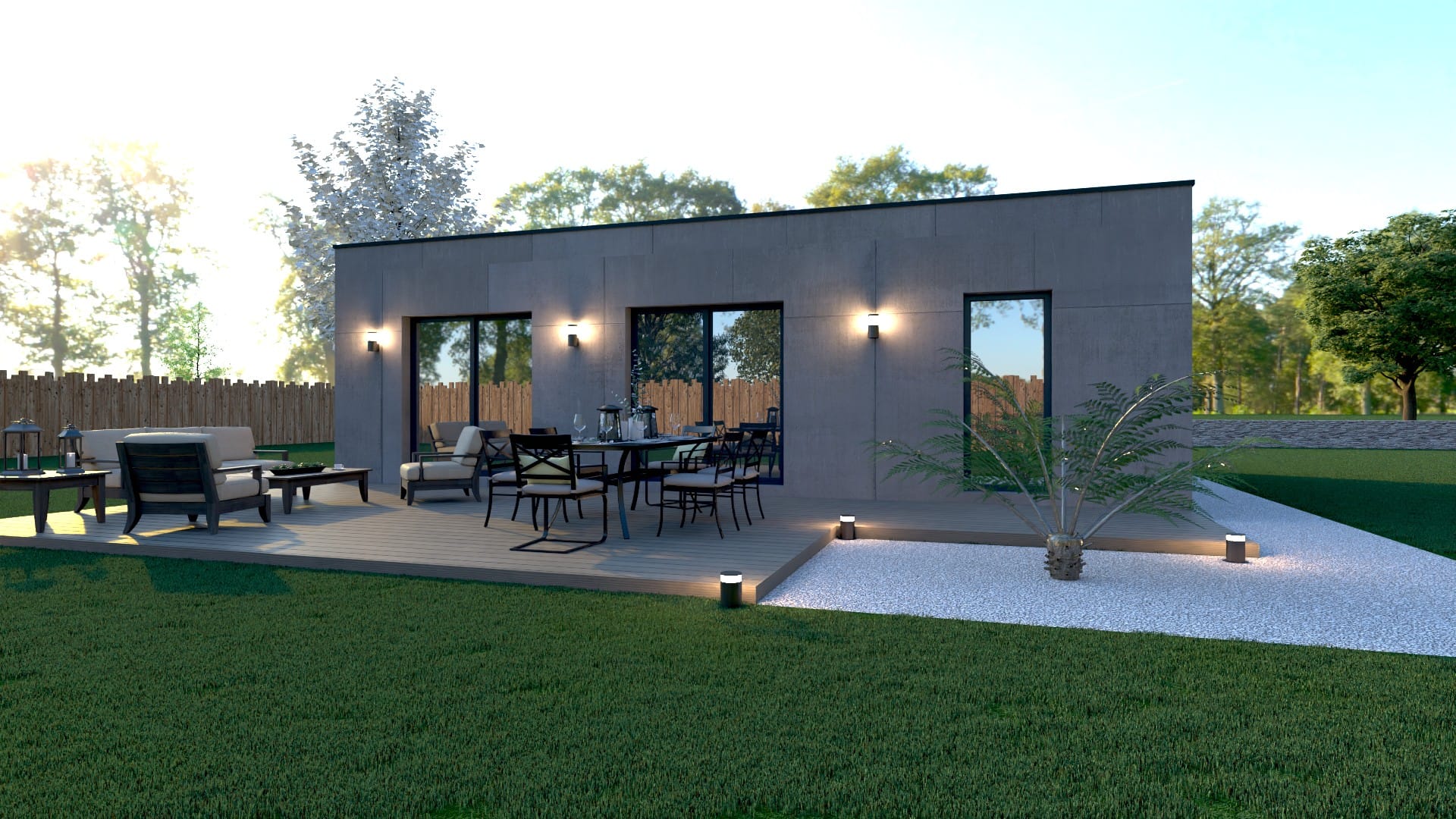 Studio de jardin X MOD 015, toit plat, grande terrasse, baies vitrées, éclairage extérieur, ossature métallique légère