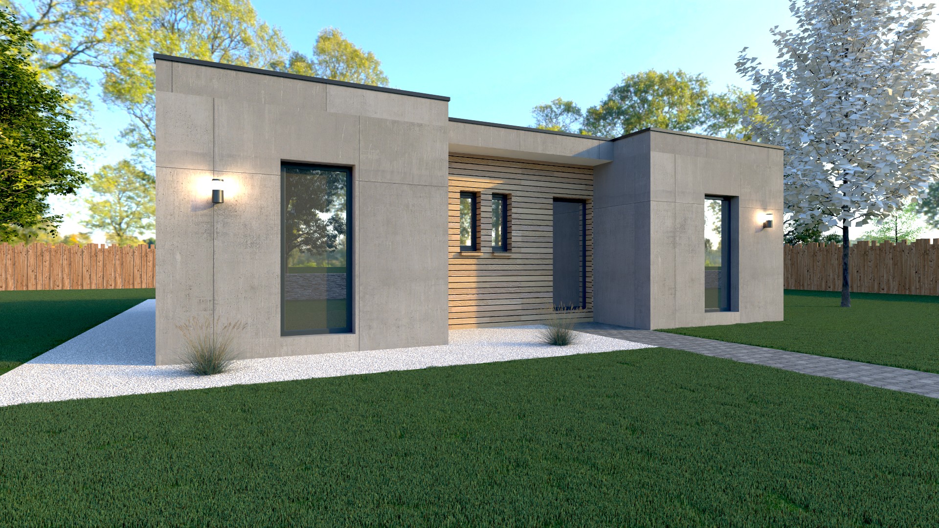 Façade du studio de jardin X MOD 015, entrée reculée, habillage bois, volumes modernes, ossature métallique légère