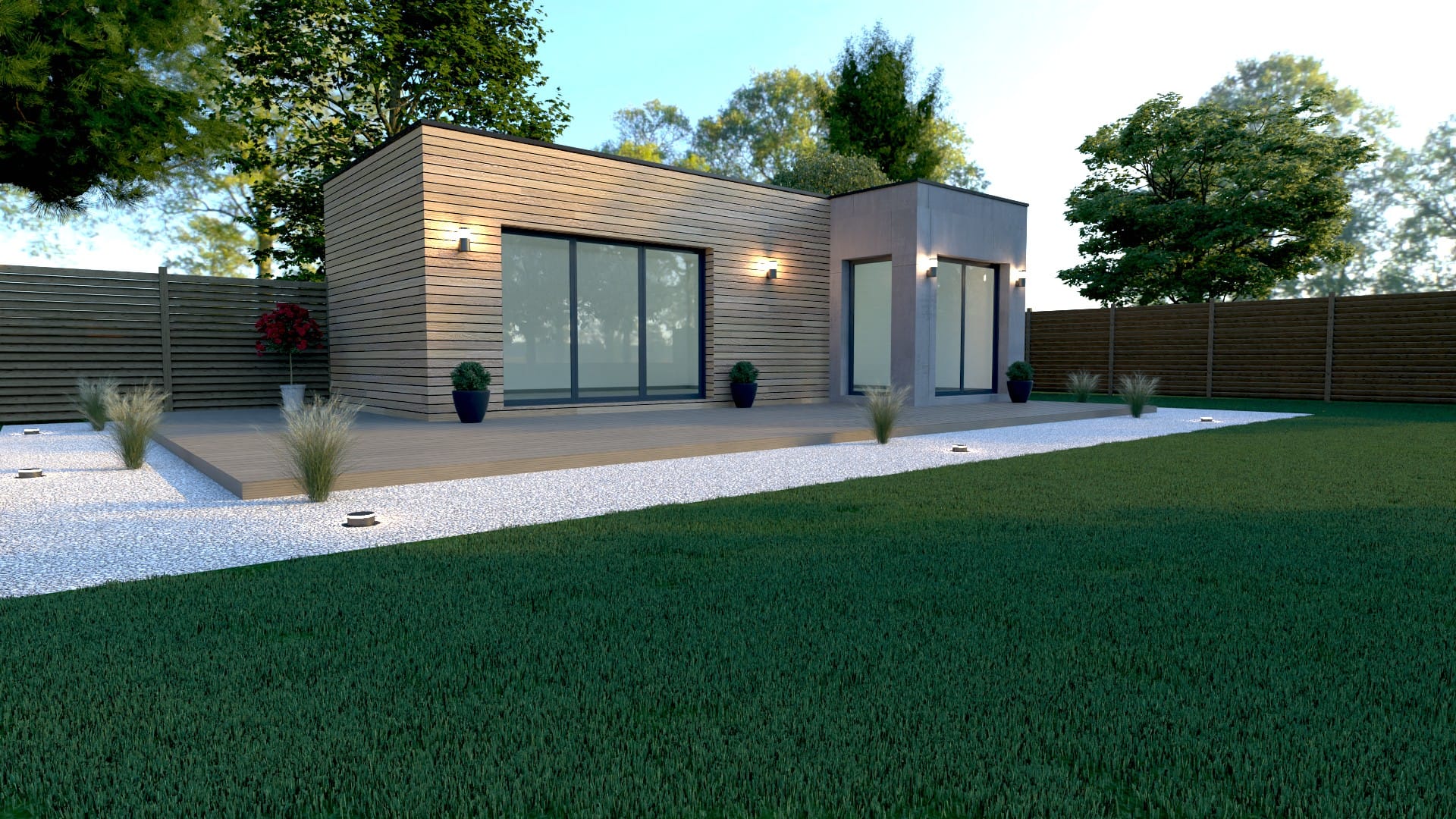 Studio de jardin X MOD 016 design, bardage bois, volume enduit, grande baie vitrée, terrasse, ossature métallique légère