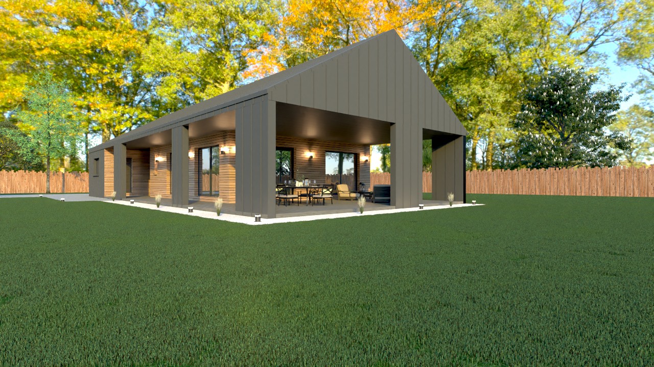 Vue angle d’une maison contemporaine en ossature métallique légère X LSF 022, 122 m², grandes ouvertures et terrasse