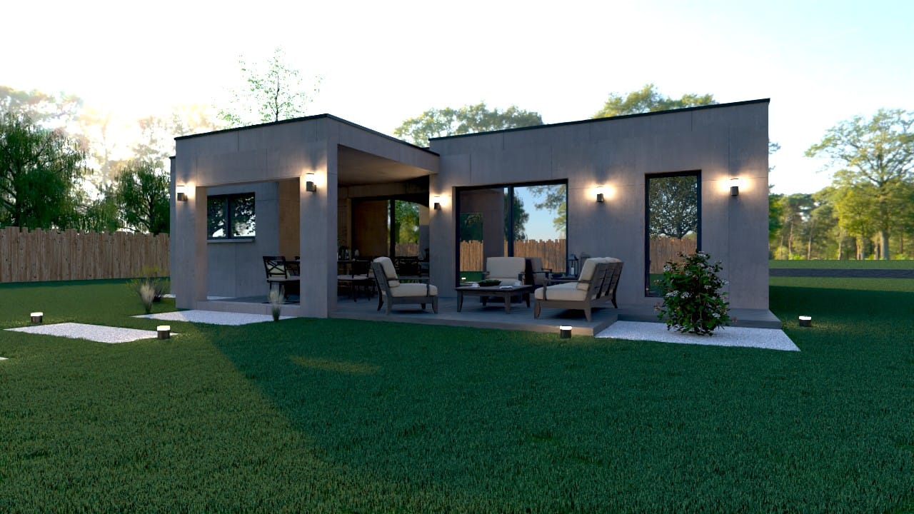Maison contemporaine X LSF 023 en ossature métallique légère, 98 m², terrasse couverte et grandes baies vitrées