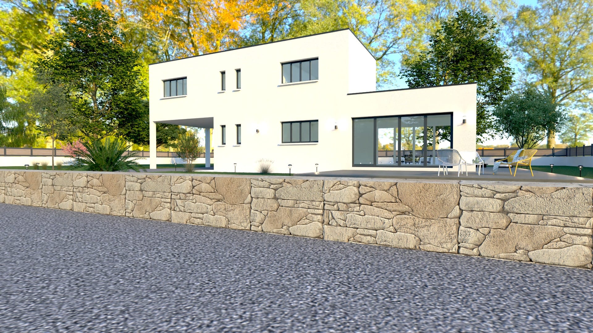 Maison conteneurs R+1 avec passage couvert, grandes ouvertures, ossature métallique légère.