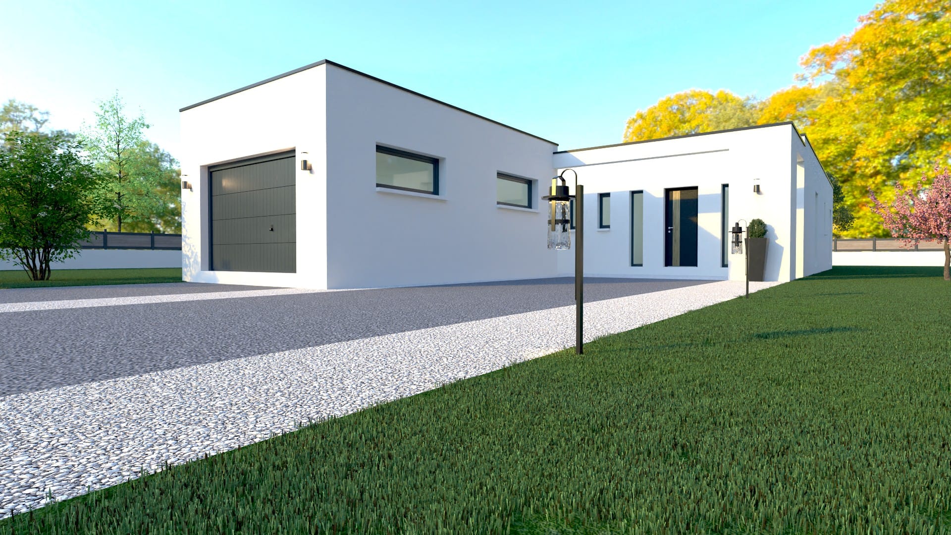 Maison conteneurs moderne, façade avec garage intégré et entrée, ossature métallique légère.
