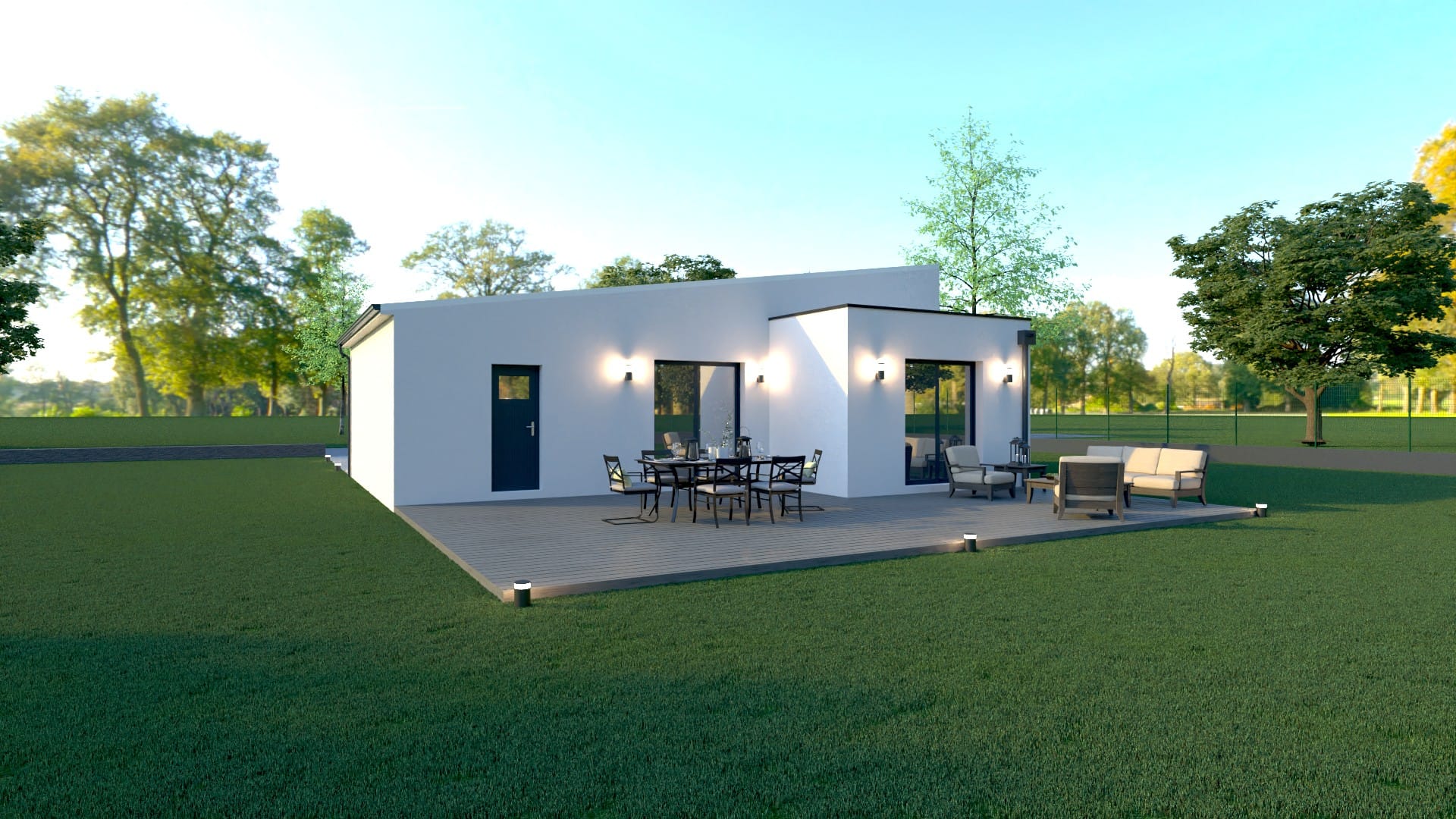Maison X LSF 007, vue terrasse côté jardin avec grande plateforme bois, coin repas et salon extérieur, éclairages muraux et baies vitrées.