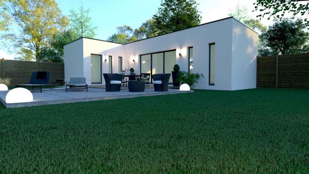 Studio de jardin X MOD 002 design contemporain, volumes en L, grande baie vitrée, terrasse extérieure, ossature métallique légère