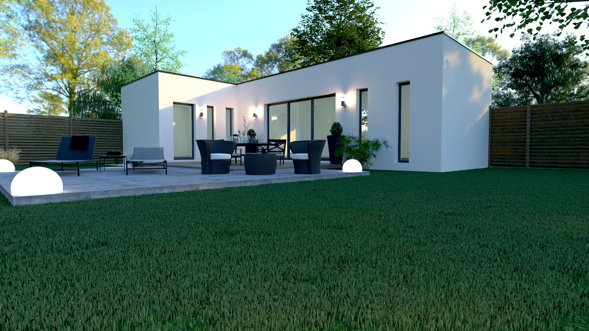 Studio de jardin professionnel design contemporain volumes en L grande baie vitrée terrasse — bureau et cabinet par Création Bâtiment