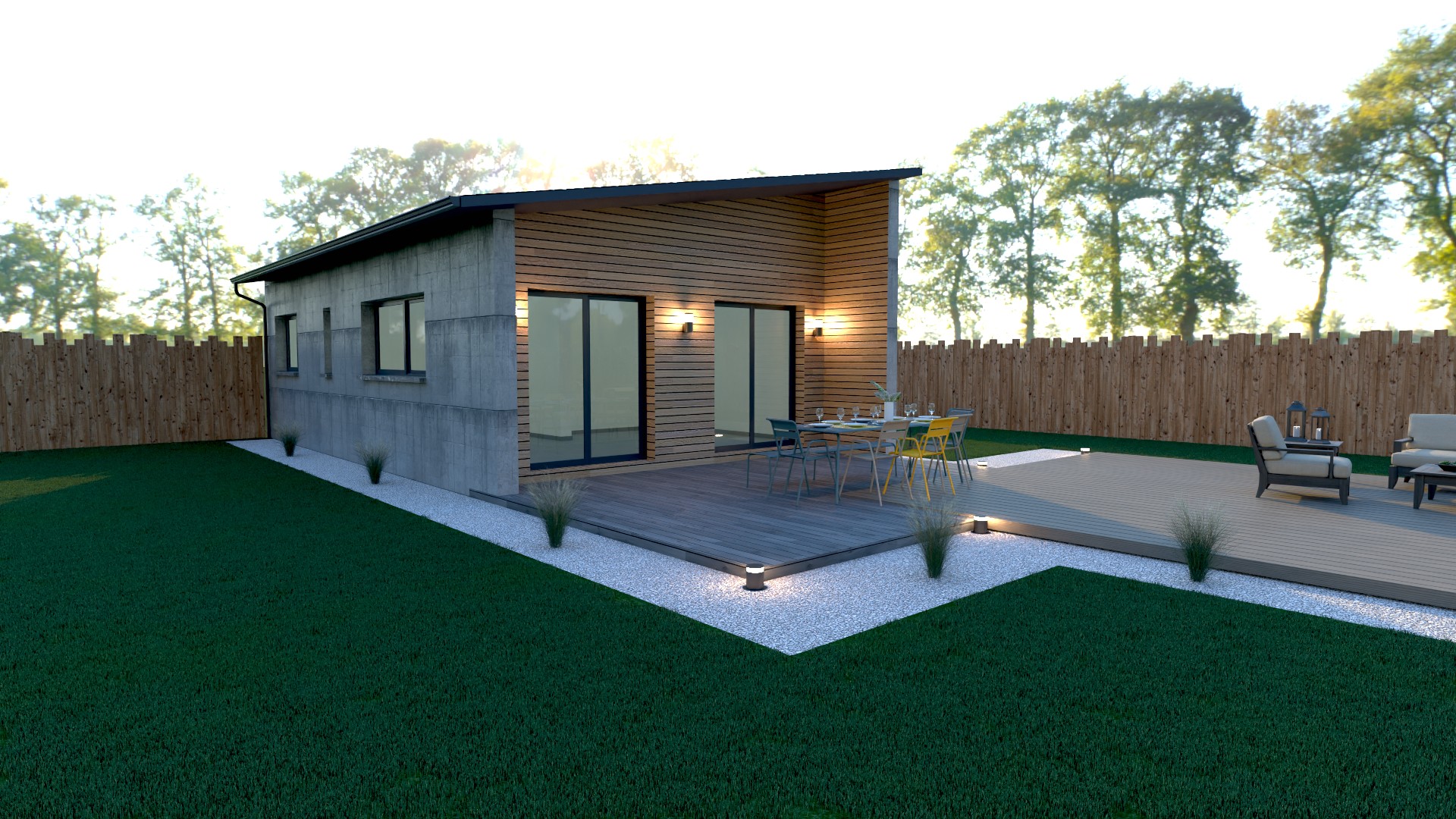 Studio de jardin X MOD 005 design, toit monopente, bardage bois, grandes baies vitrées, terrasse extérieure, ossature métallique légère