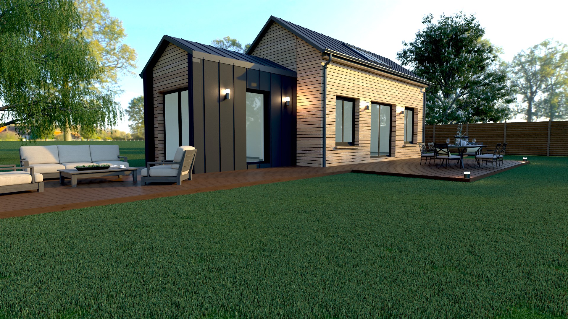 Studio de jardin X MOD 006 design avec double toiture deux pans, bardage bois, façade métal, grandes ouvertures et grande terrasse, ossature métallique légère