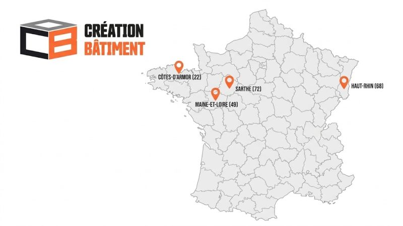 Carte de France des agences Création Bâtiment avec implantations en Côtes-d’Armor (22), Maine-et-Loire (49) et Sarthe (72).