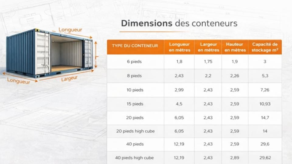 Tableau des dimensions des conteneurs maritimes : longueur, largeur, hauteur et capacité de stockage de 6 à 40 pieds