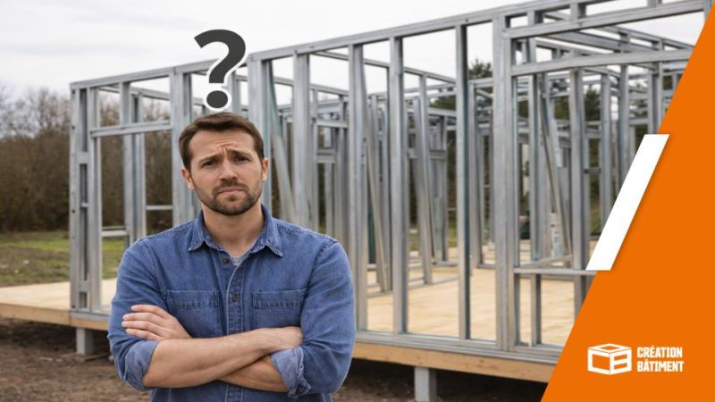 Homme interrogatif devant une structure de maison à ossature métallique légère en cours de montage.