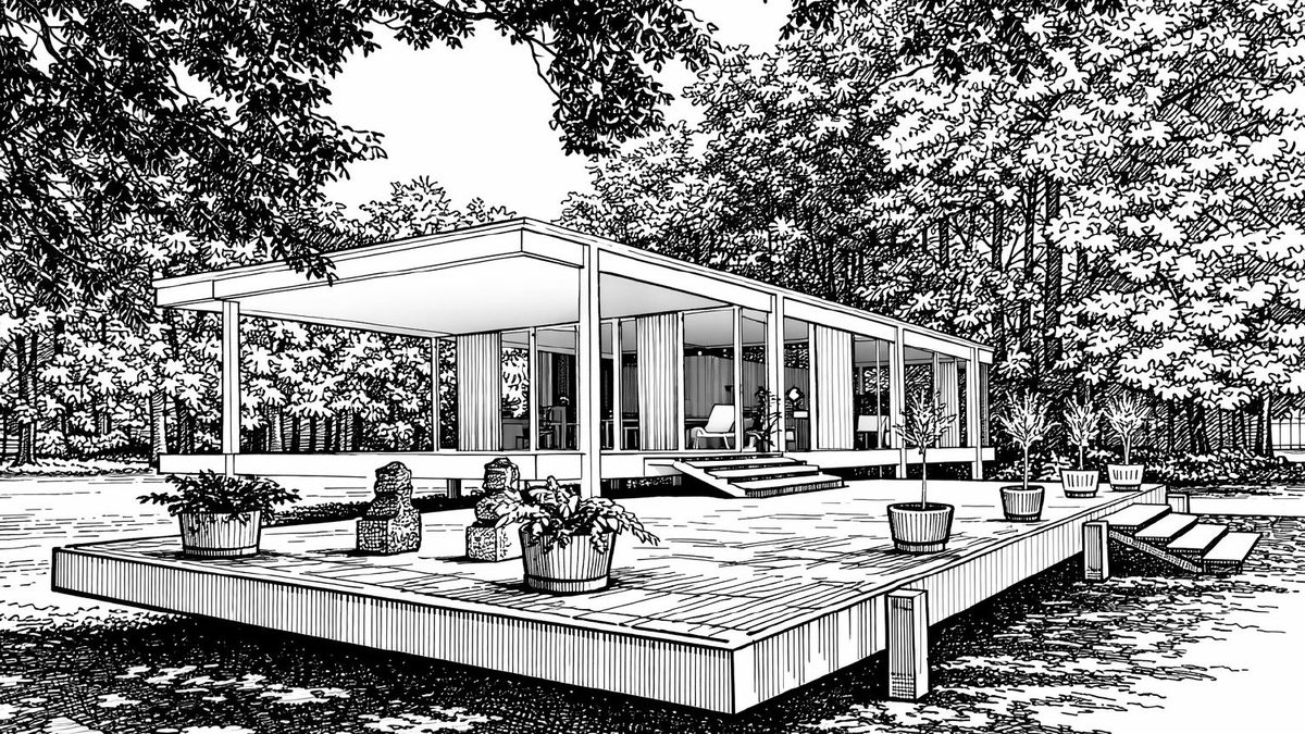 Farnsworth House - vue en perspective, Mies van der Rohe