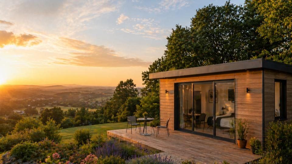 Studio de jardin habitable en bois avec terrasse, baies vitrées et vue sur la vallée au coucher du soleil — Création Bâtiment