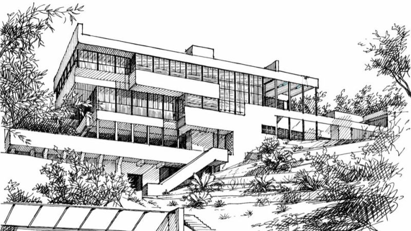 Illustration de la Lovell Health House, maison moderniste emblématique à structure métallique construite sur un terrain en pente.