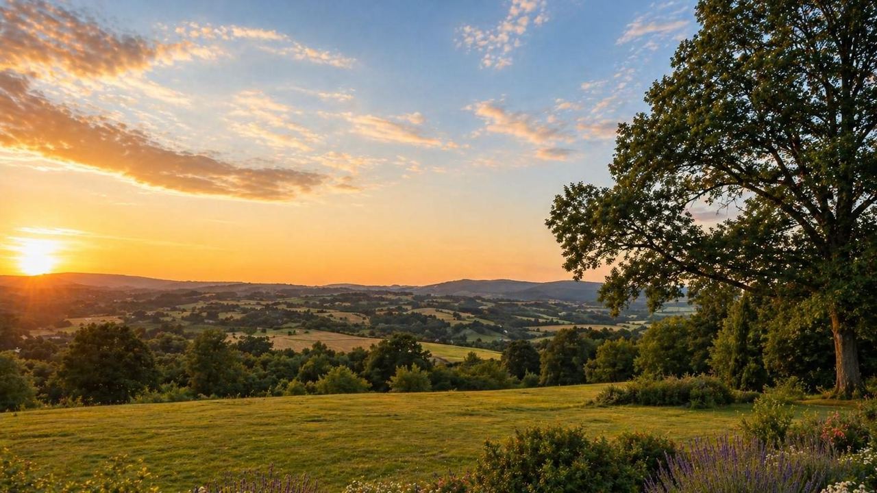Coucher de soleil sur la campagne — slow tourism et hébergement nature, marché du studio de jardin
