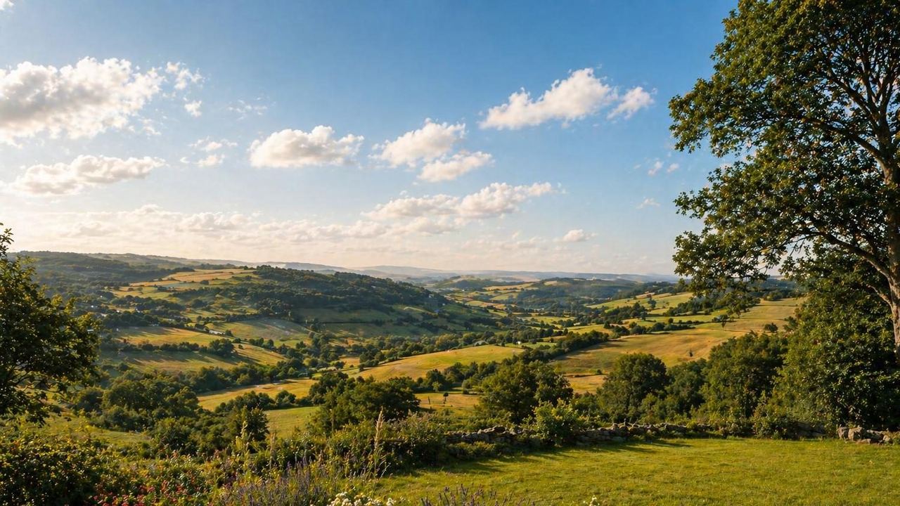 Paysage de vallée et collines en Sarthe — emplacement type pour un studio de jardin de location touristique