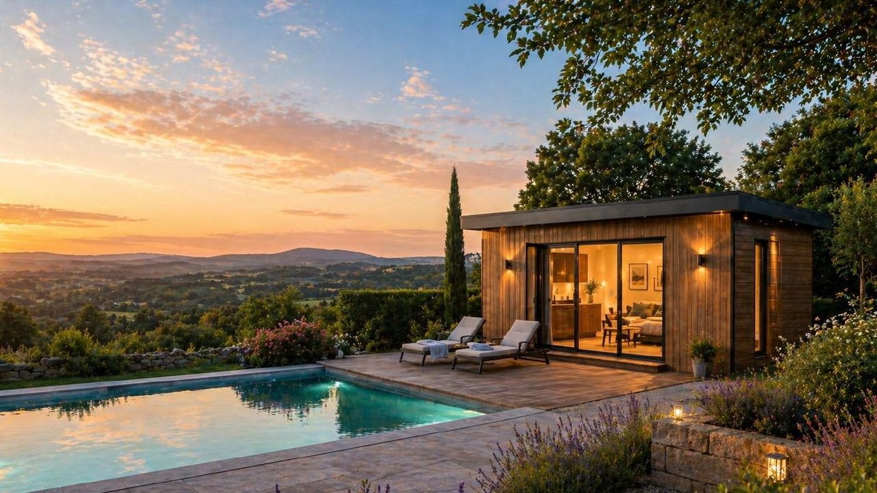 Studio de jardin avec piscine au coucher du soleil — hébergement touristique premium clé en main