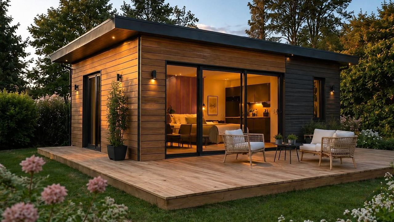 Studio de jardin habitable en bois sur un terrain paysager — annexe locative pour gîte et chambre d'hôtes