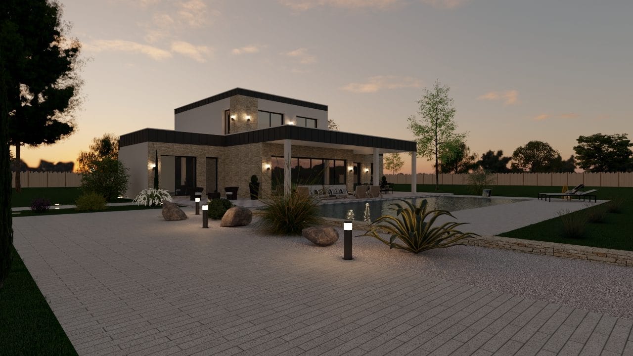 Vue arrière d'une maison contemporaine en pierre haut de gamme, conforme RE2020 et éligible au PTZ