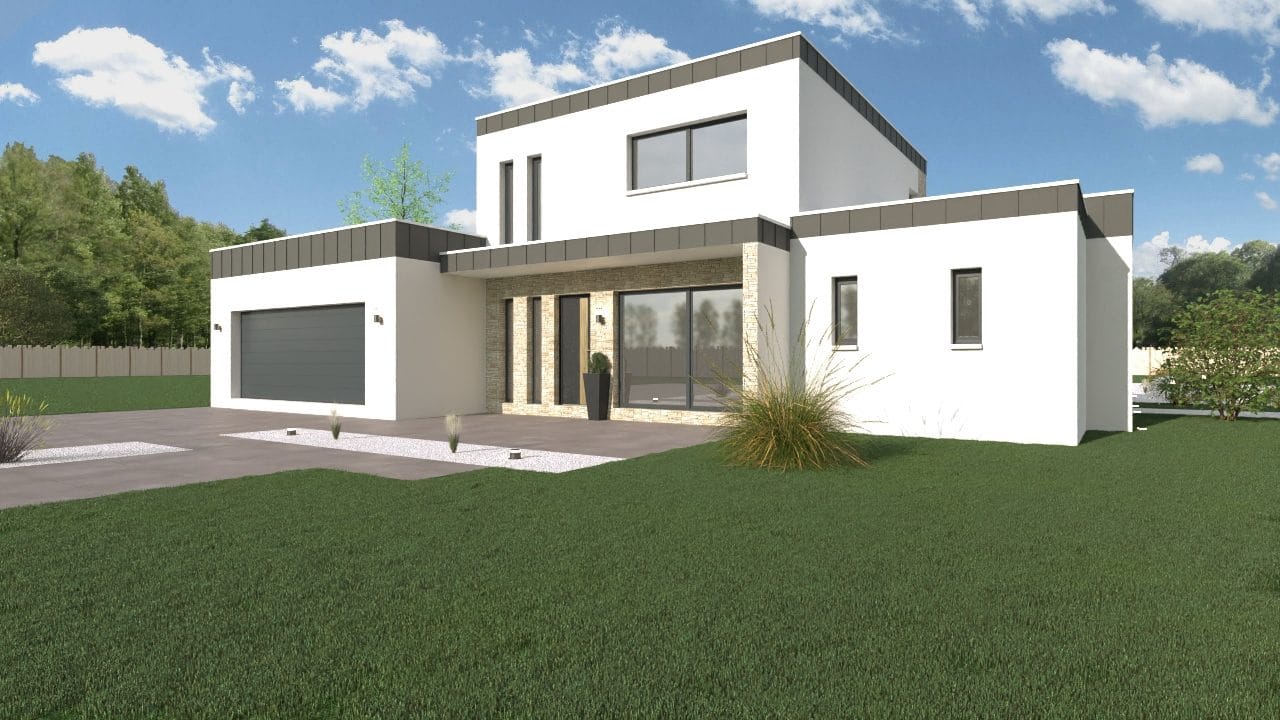 Façade d'une maison contemporaine en pierre haut de gamme construite avec un PTZ 2026