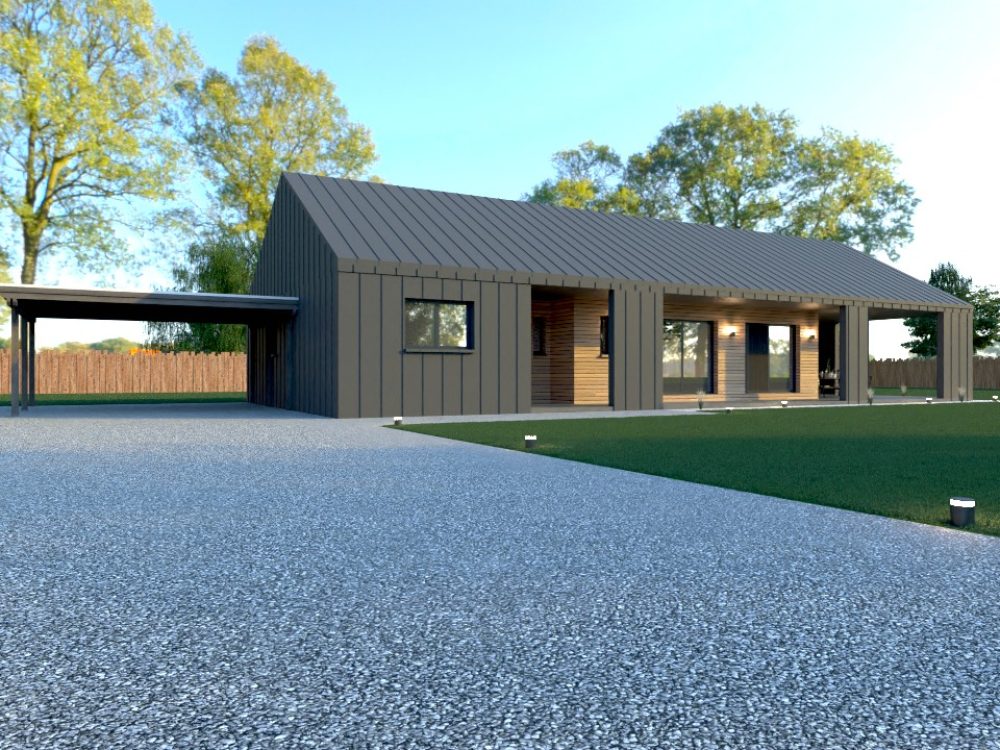 Maison contemporaine X LSF 022 en ossature métallique légère, 122 m², terrasse couverte, bardage bois et grandes ouvertures