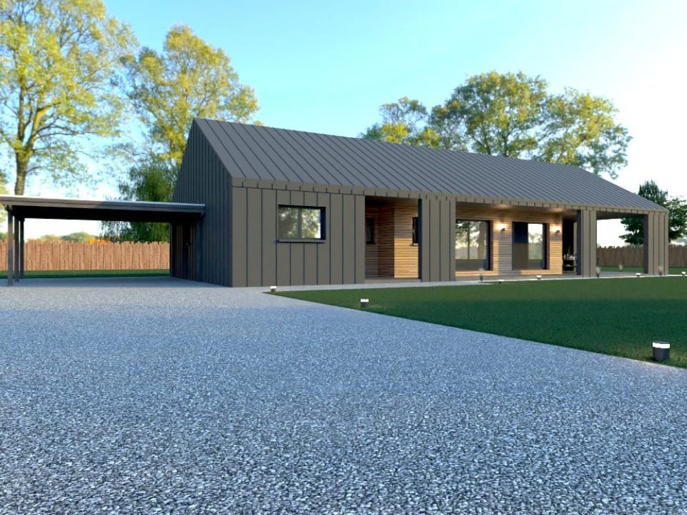 Maison contemporaine X LSF 022 en ossature métallique légère, 122 m², terrasse couverte, bardage bois et grandes ouvertures