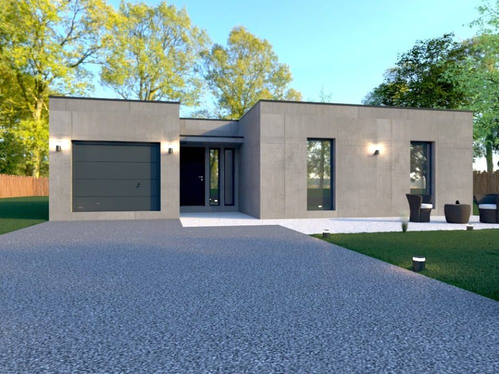 Façade avant de la maison X LSF 023, 98 m², garage intégré, hall d’entrée et architecture contemporaine