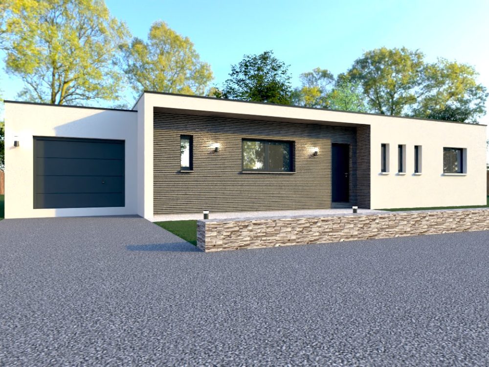 Façade avant de la maison X LSF 025 en ossature métallique légère, 113 m², toiture plate avec garage intégré