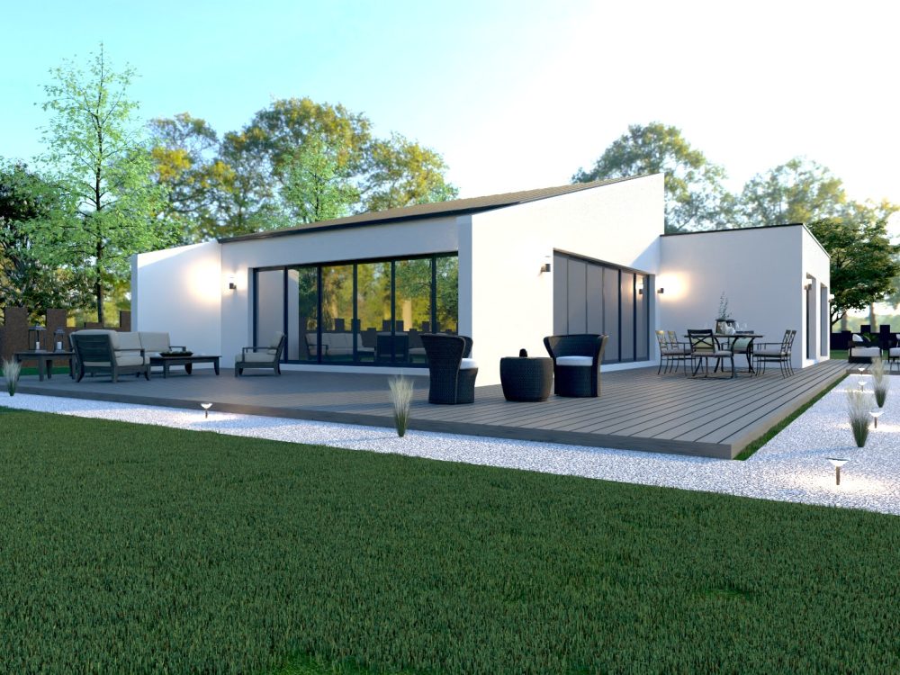 Maison contemporaine X LSF 20 en ossature métallique légère, 125 m², plain-pied avec grandes baies vitrées et terrasse bois