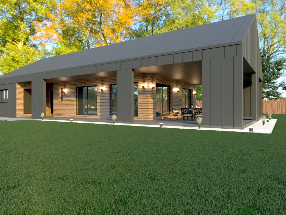 Maison LSF X LSF 022 122 m² avec façade contemporaine, grandes baies vitrées et carport (option)