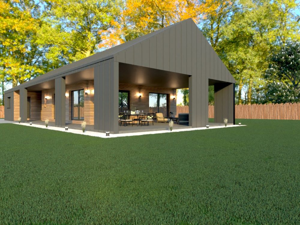 Vue angle d’une maison contemporaine en ossature métallique légère X LSF 022, 122 m², grandes ouvertures et terrasse