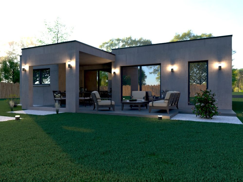 Maison contemporaine X LSF 023 en ossature métallique légère, 98 m², terrasse couverte et grandes baies vitrées