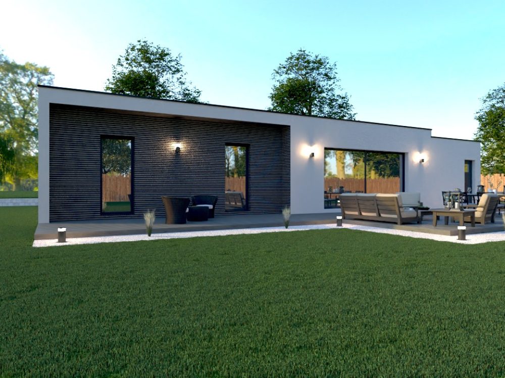 Maison contemporaine X LSF 025 à toiture plate, 113 m², grande baie vitrée et terrasse extérieure