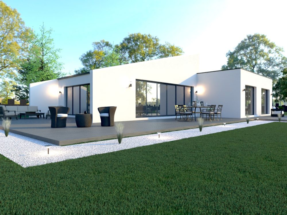 Vue jardin d’une maison contemporaine X LSF 20 en LSF, 3 chambres dont suite, grandes baies vitrées, terrasse extérieure aménagée