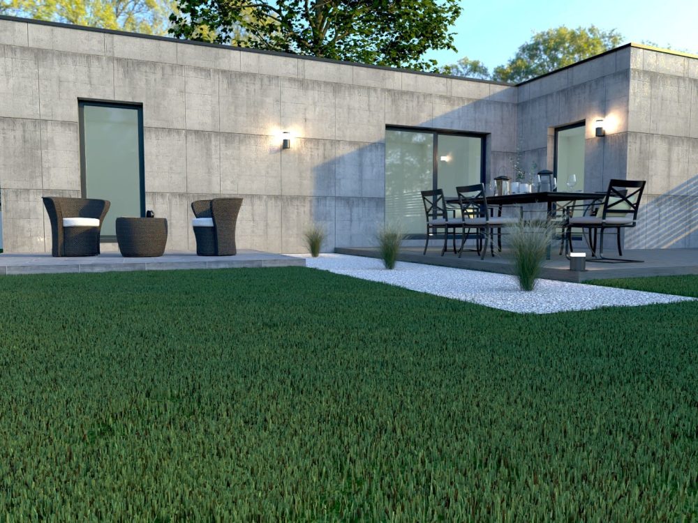 Studio de jardin X MOD 004 design, vue terrasse arrière avec grande baie vitrée et espace repas extérieur.