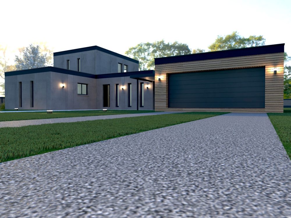 Maison conteneur X COM 007 135 m² premium, volumes contemporains, façade minérale, grandes ouvertures et garage en option avec habillage bois