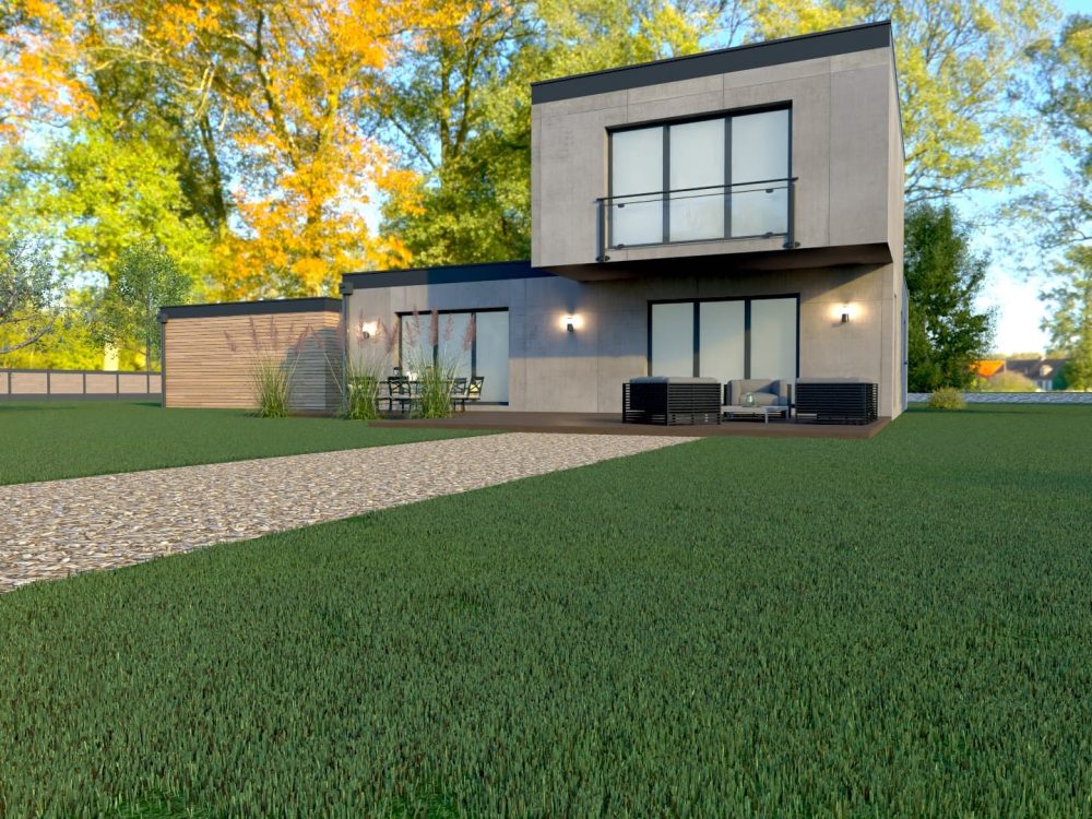 X COM 007 maison conteneur 135 m², façade côté jardin avec balcon, grandes baies vitrées, terrasse et volumes superposés très lumineux