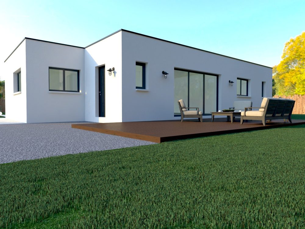 Maison conteneur X COM 006 103 m², façade blanche moderne avec terrasse bois, grande baie vitrée coulissante et volumes rectilignes