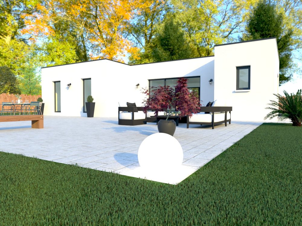 X COM 006 maison conteneur 103 m², grande terrasse minérale, salon extérieur, baie vitrée et volumes modernes de plain-pied