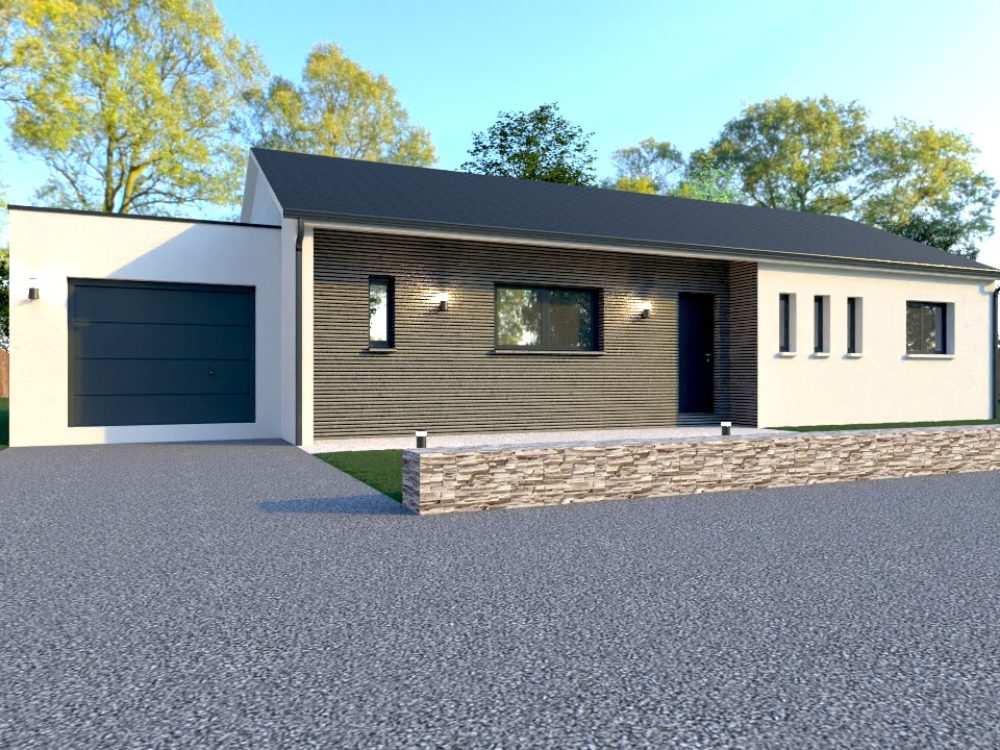 Façade avant de la maison X LSF 024, 113 m², garage intégré et architecture contemporaine