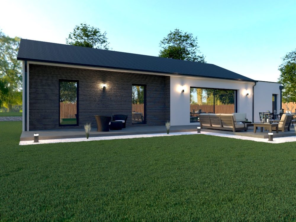 Maison contemporaine X LSF 024 en ossature métallique légère, 113 m², vue jardin avec grande baie vitrée et terrasse