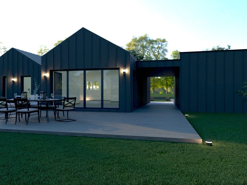 Maison conteneurs design, grande baie vitrée sur terrasse, passage couvert entre volumes.